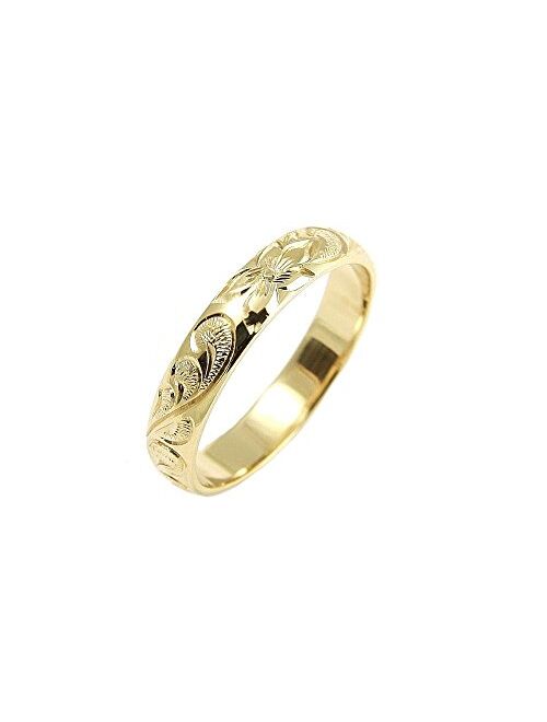 Arthur'S Jewelry 14K yellow gold custom hand engrave Hawaiian queen plumeria scroll band ring 4mm size 2 to 14