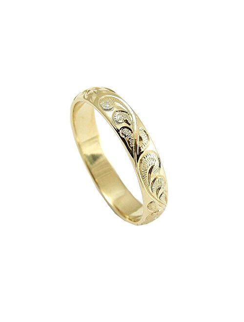 Arthur'S Jewelry 14K yellow gold custom hand engrave Hawaiian queen plumeria scroll band ring 4mm size 2 to 14
