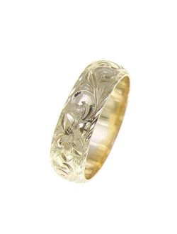 14K yellow gold hand engraved Hawaiian plumeria scroll ring diamond cut edge 6mm