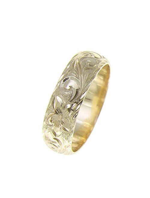 Arthur'S Jewelry 14K yellow gold hand engraved Hawaiian plumeria scroll ring diamond cut edge 6mm