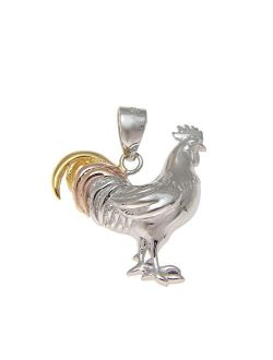 925 Sterling Silver Yellow Rose Gold Tricolor Plated Rooster Cock Chicken Pendant
