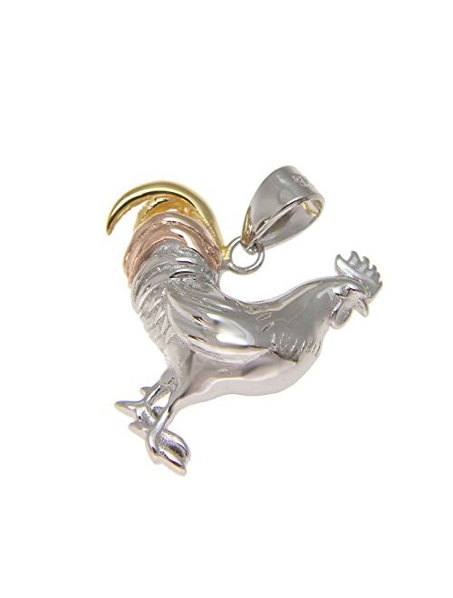 Arthur's Jewelry 925 Sterling Silver Yellow Rose Gold Tricolor Plated Rooster Cock Chicken Pendant