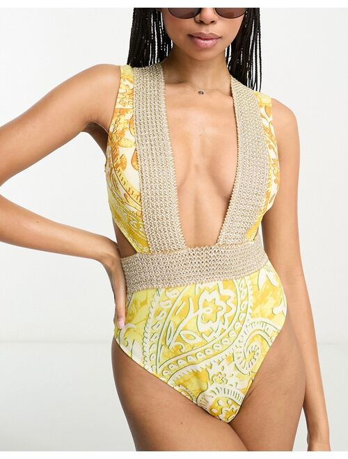 River Island plunge wrapover trim printed swimsuit in yellow