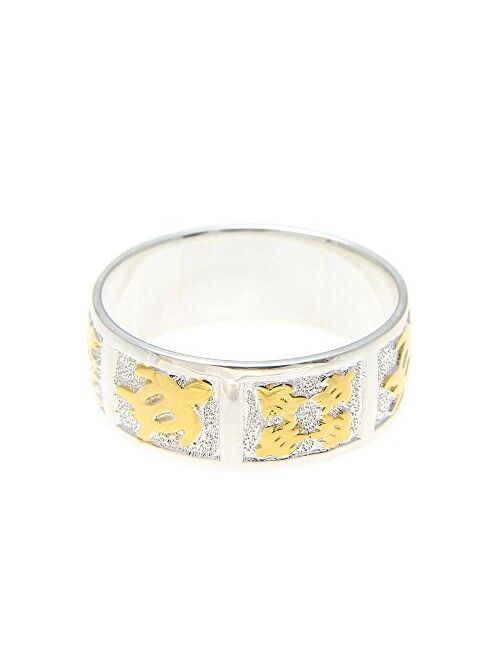 Arthur's Jewelry Sterling Silver 925 Hawaiian 2 Tone Yellow Gold Plated Honu Turtle Quilt 8mm Band Ring Size 3 to 14