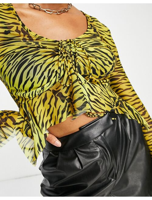 River Island tie front animal mesh top in yellow