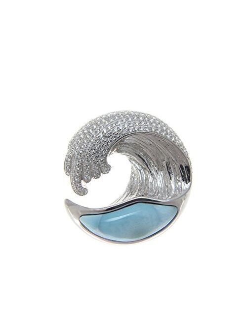Arthur's Jewelry Solid 925 Sterling Silver larimar Hawaiian Ocean Wave Bling cz 29.50mm Pendant