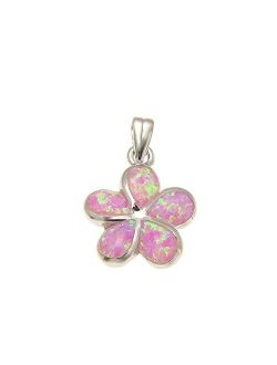 925 Sterling Silver Pink Synthetic Opal Hawaiian Plumeria Flower Pendant 15mm