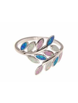 Blue White Pink Tricolor Inlay Synthetic Opal Ring Hawaiian Maile Leaf 925 Sterling Silver Size 5 to 10