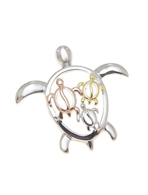 Arthur's Jewelry 925 Sterling Silver Yellow Rose Gold Tricolor Plated Hawaiian 3 Honu in Large sea Turtle Slider Pendant