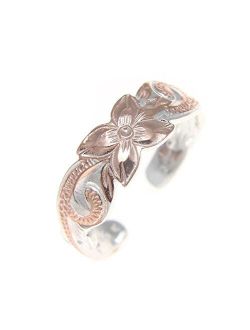 925 Sterling Silver 2 Tone Pink Rose Gold Plated Hawaiian Plumeria Flower Scroll 6mm Cut Out Open Toe Ring