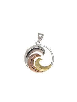 925 Sterling Silver Yellow Rose Gold Tricolor Plated Hawaiian 17mm Ocean Wave Pendant