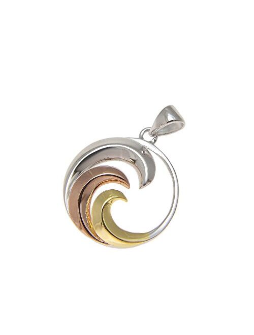 Arthur's Jewelry 925 Sterling Silver Yellow Rose Gold Tricolor Plated Hawaiian 17mm Ocean Wave Pendant