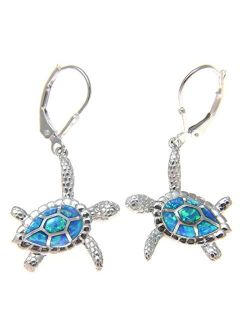 925 Sterling silver Hawaiian honu sea turtle synthetic opal leverback earrings