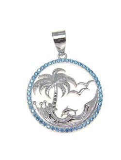 925 Sterling Silver 0.75 ct Blue Topaz Hawaiian Palm Tree Dolphin Wave Pendant