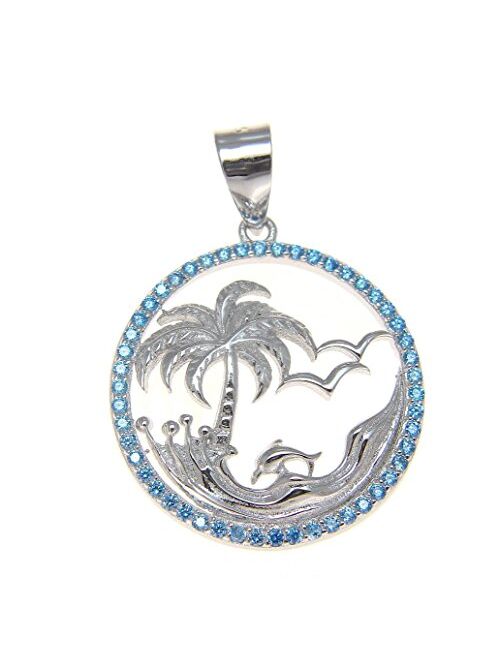 Arthur's Jewelry 925 Sterling Silver 0.75 ct Blue Topaz Hawaiian Palm Tree Dolphin Wave Pendant