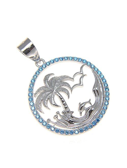 Arthur's Jewelry 925 Sterling Silver 0.75 ct Blue Topaz Hawaiian Palm Tree Dolphin Wave Pendant