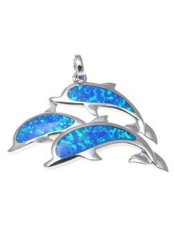 925 Sterling Silver Hawaiian Triple 3 Dolphin Blue Synthetic Opal Pendant Charm