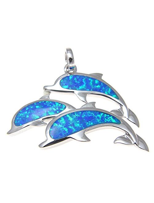 Arthur's Jewelry 925 Sterling Silver Hawaiian Triple 3 Dolphin Blue Synthetic Opal Pendant Charm