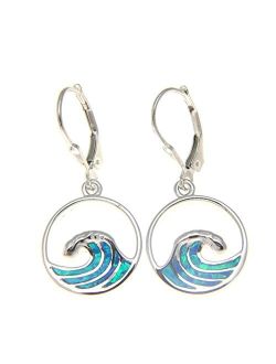925 Sterling Silver Hawaiian ocean wave blue synthetic opal leverback earrings