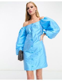 satin button up puff sleeve bardot mini dress in bright blue