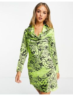 satin cowl neck warped snake print mini dress in green