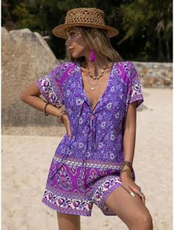 Rusttydustty Floral Print Knot Front Batwing Sleeve Romper