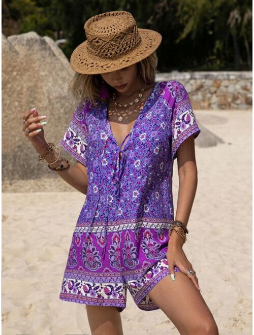 Rusttydustty Floral Print Knot Front Batwing Sleeve Romper