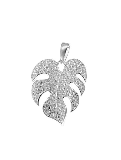 Arthur's Jewelry Rhodium Plated 925 Sterling Silver Hawaiian Monstera Leaf cz 21mm Pendant