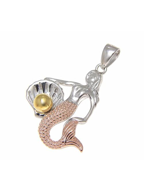 Arthur's Jewelry 925 Sterling Silver Rose Yellow Gold Tricolor Plated Hawaiian Mermaid with Shell Oyster Pendant Charm