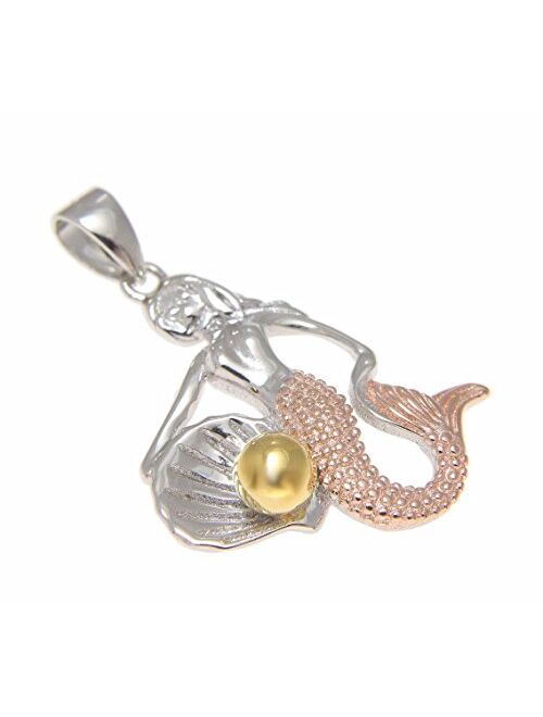 Arthur's Jewelry 925 Sterling Silver Rose Yellow Gold Tricolor Plated Hawaiian Mermaid with Shell Oyster Pendant Charm