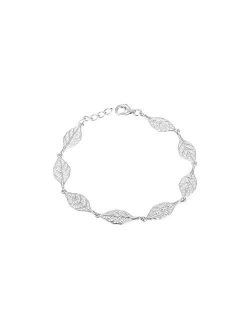 925 Solid Sterling Silver Rhodium Plated Hawaiian Maile Leaf Link Bracelet cz 7"