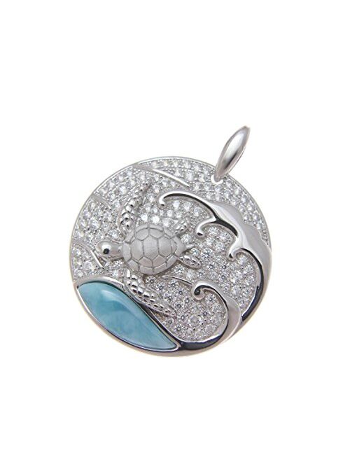 Arthur's Jewelry Solid 925 Sterling Silver Genuine Natural larimar Hawaiian sea Turtle cz Pendant