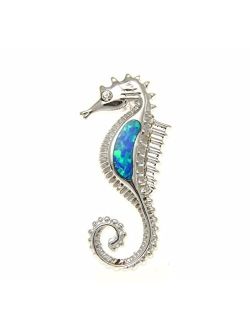 925 Sterling Silver Hawaiian Seahorse cz Eye Blue Synthetic Opal Slider Pendant