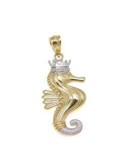 14K Solid Yellow Gold White Gold 11.45mm Hawaiian Crown Seahorse Charm Pendant