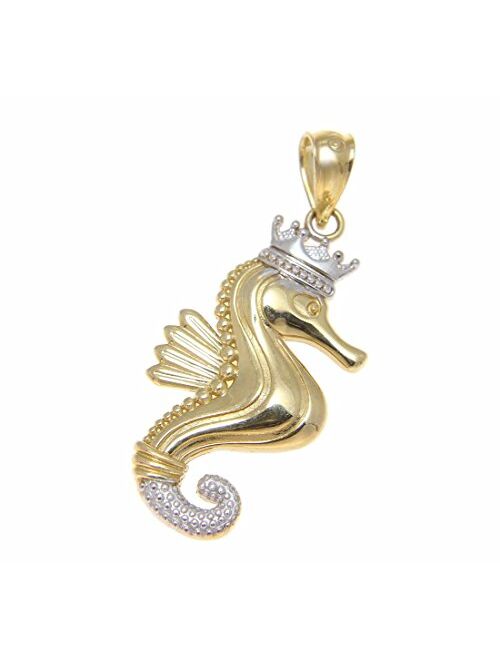 Arthur's Jewelry 14K Solid Yellow Gold White Gold 11.45mm Hawaiian Crown Seahorse Charm Pendant