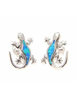 925 Sterling silver Hawaiian gecko lizard blue synthetic opal post stud earrings