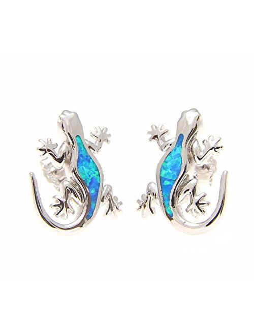 Arthur'S Jewelry 925 Sterling silver Hawaiian gecko lizard blue synthetic opal post stud earrings