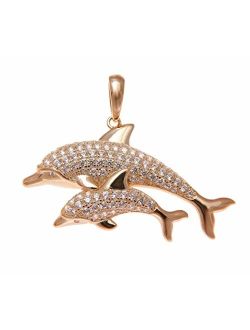 Rose Gold Plated 925 Silver Hawaiian Dolphin Mother Baby cz 38.35mm Pendant
