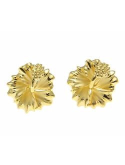 Yellow gold plated on 925 sterling silver 15mm Hawaiian hibiscus flower stud post earrings