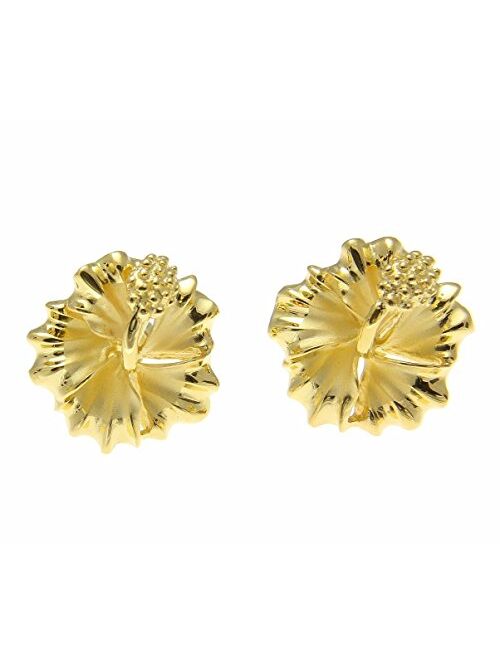 Arthur'S Jewelry Yellow gold plated on 925 sterling silver 15mm Hawaiian hibiscus flower stud post earrings