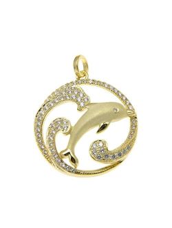 925 Sterling Silver Yellow Gold Plated Hawaiian Dolphin Ocean Wave cz Charm Pendant
