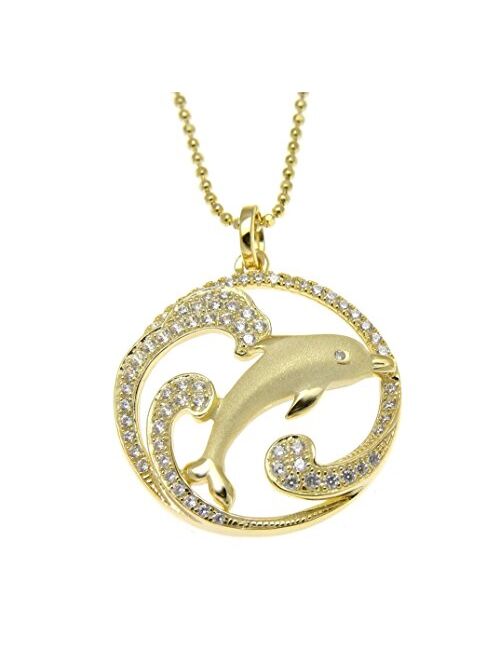 Arthur's Jewelry 925 Sterling Silver Yellow Gold Plated Hawaiian Dolphin Ocean Wave cz Charm Pendant