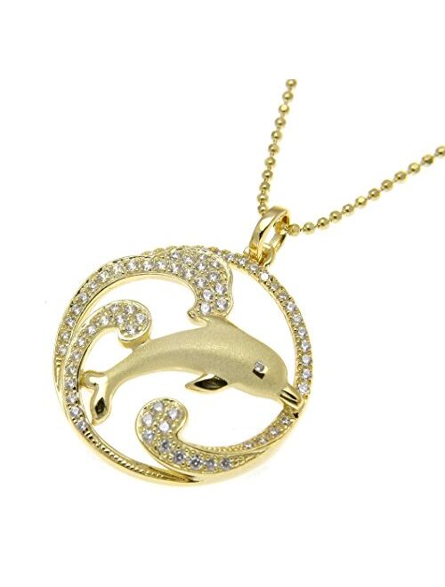 Arthur's Jewelry 925 Sterling Silver Yellow Gold Plated Hawaiian Dolphin Ocean Wave cz Charm Pendant