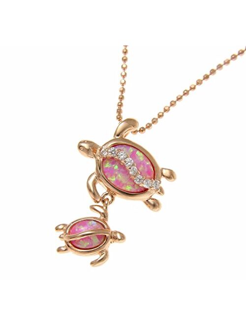 Arthur's Jewelry 925 Sterling Silver Rose Gold Plated Inlay Pink Synthetic Opal cz Mother Baby Hawaiian Honu Turtle Pendant