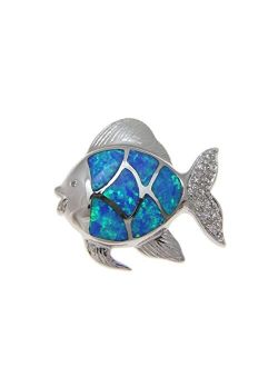 925 Sterling Silver Inlay Synthetic Opal Hawaiian Gold Fish Slide Pendant cz 23.25mm