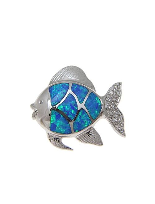 Arthur's Jewelry 925 Sterling Silver Inlay Synthetic Opal Hawaiian Gold Fish Slide Pendant cz 23.25mm