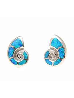 925 Sterling silver Hawaiian nautilus shell blue synthetic opal post stud earrings