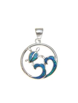 925 Sterling Silver Synthetic Opal Hawaiian Ocean Wave Honu Turtle Pendant 19.60mm