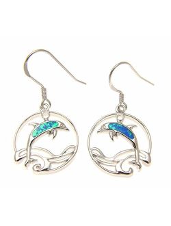 925 Sterling silver Hawaiian circle wave dolphin blue synthetic opal hook wire earrings