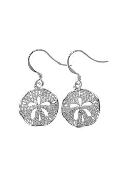 Rhodium plated 925 sterling silver Hawaiian sand dollar cz 15mm hook earrings